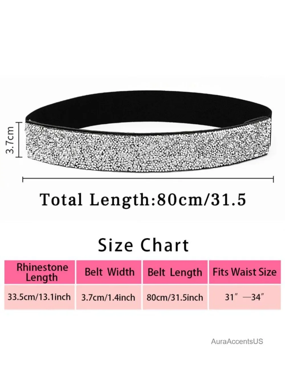 Rhinestone Stretch Waist Belt with Vintage Buckle, Silver, M